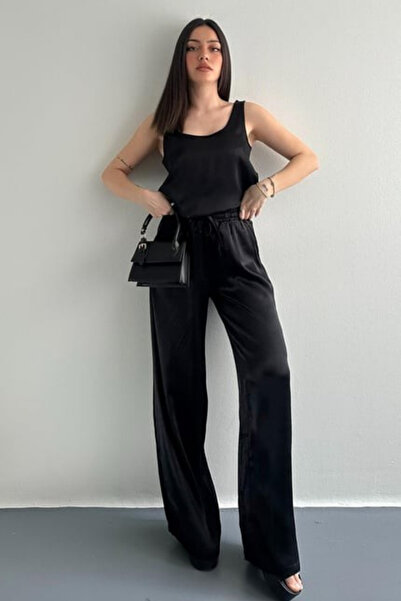 ModaLavida Lavida Parlak Saten Görünüm Bol Paça Yüksek Bel Leopar Desen Kadın...