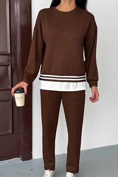 Ded COLLECTION Women's Side Slit Slim Sh Striped Detail Long Sleeve Sweatshirt Modal Set