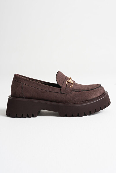 TRENDELLA Lara Buckle Detailed Bitter Brown Suede Casual Loafer Shoes