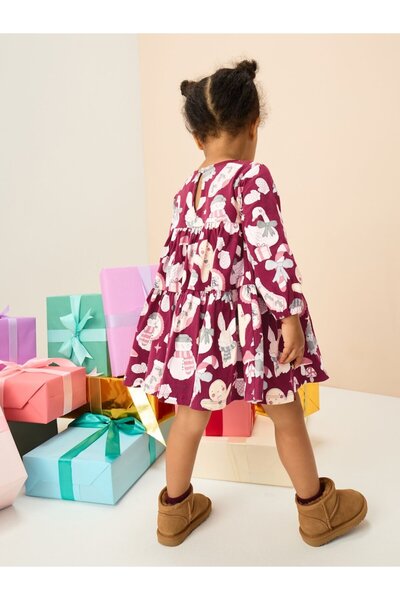 Next Baby Cotton Burgundy Rabbit Patterned Long Sleeve Dress