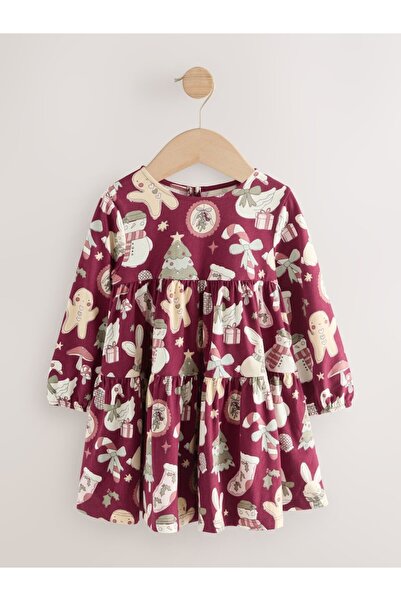 Next Baby Cotton Burgundy Rabbit Patterned Long Sleeve Dress