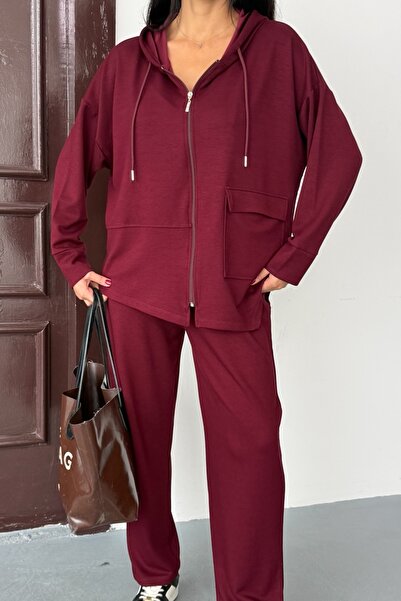 Ded COLLECTION Women's Asymmetrical Cut Hooded Pocket Detailed Comfortable Modal Set