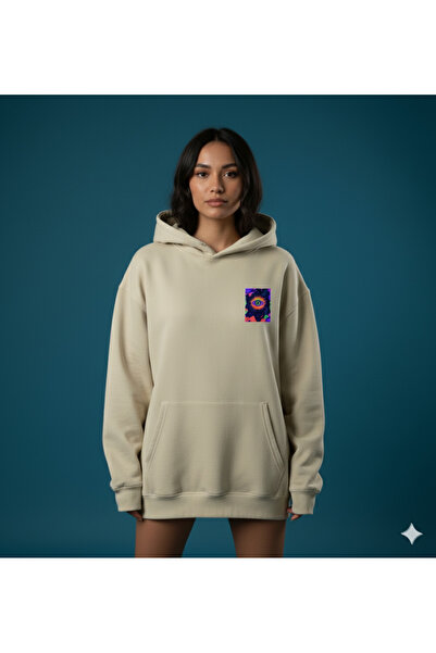 By Caspita Fashion Lenithra Psychedelic Sırt Printed Unisex Oversized Beige Hoodie