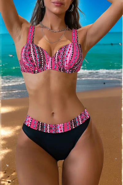 embody 2-piece swimsuit, classic bikini bottom, large size, black/pink lm037