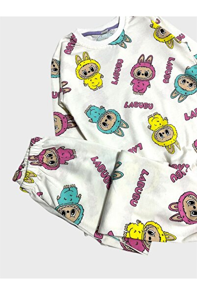 ALİŞ KİDS Σετ εποχιακής πιτζάμας με μακρυμάνικο μοτίβο Labubu από βαμβακερό λευκό για κορίτσια