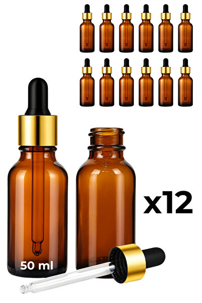 Seray Cam 12’li 50 ml Amber Cam Serum Şişesi + Gold (Altın) Metal Kapaklı Siyah Uçlu Damlalık
