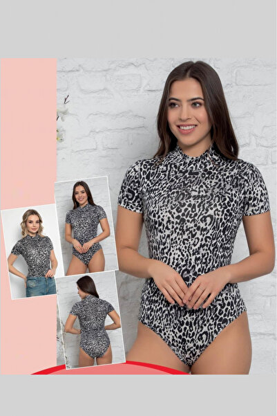 embody Women's bodysuit, short sleeves, animal print, grey