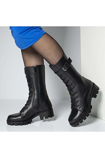 BMoD Ghete negre din piele pentru femei cu șireturi și fermoar MOD05620