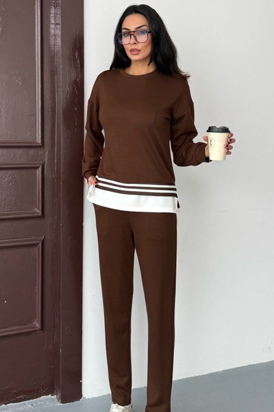 Ded COLLECTION Women's Side Slit Slim Sh Striped Detail Long Sleeve Sweatshirt Modal Set