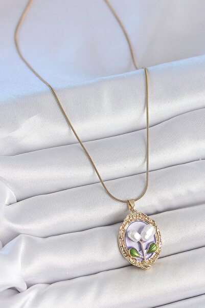 Skygo 316L Steel Gold Color Purple Pearl Flower Embroidered Portrait Model Women's Necklace - Tj-Bko10146
