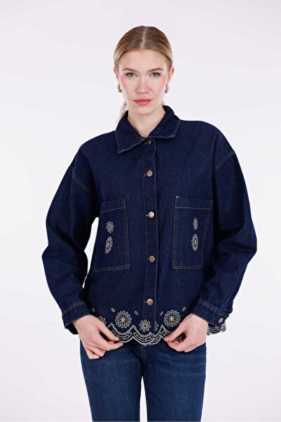 Pulli Collection Etnik Desen İşlemeli Çift Cepli Kot Ceket Lacivert