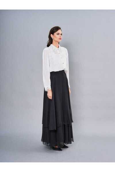 SERPİL Dantel Yaka ve Manşet Detaylı Şifon Uzun Kollu Kadın Gömlek 50582