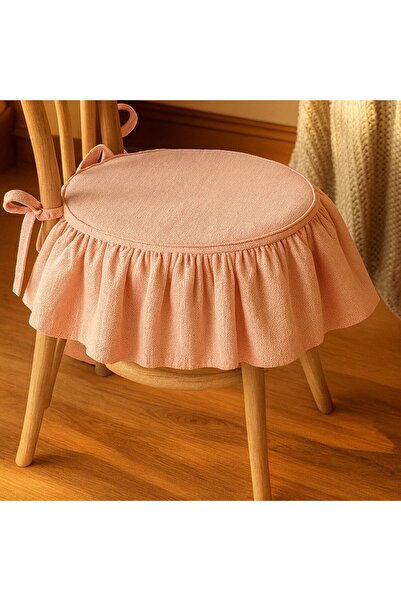 shules collection EL YAPIMI YUVARLAK BULDAN YIKANMIS KETEN FIRFIRLI SANDALYE MİNDERİ(PEMBE)