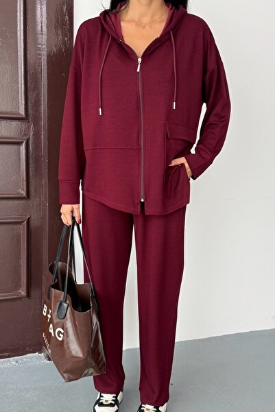 Ded COLLECTION Women's Asymmetrical Cut Hooded Pocket Detailed Comfortable Modal Set