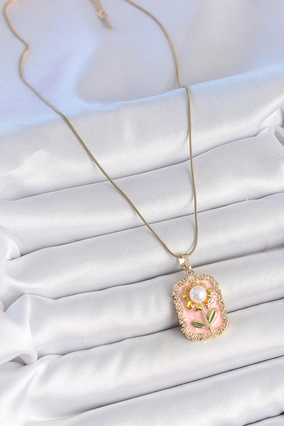 Skygo 316L Steel Gold Color Chain Pink Enameled Pearl Daisy Model Portrait Model Women's Necklace - Tj-Bko10197