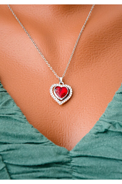BİJUTERİ EVİ Silver Color Steel Chain Red Heart Stone Women's Necklace