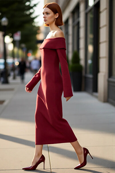 PayBuy فستان نسائي بودي كون باللون العنابي بياقة كارمن وأكمام طويلة محبوك بطول متوسط أنيق للمناسبات النهارية والليلية