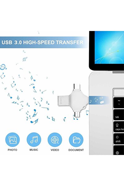 AdyMel USB 3.0 4-in-1 Flash Drive, 128 GB (Lightning, MicroUSB, Type-C, USB) - Gray