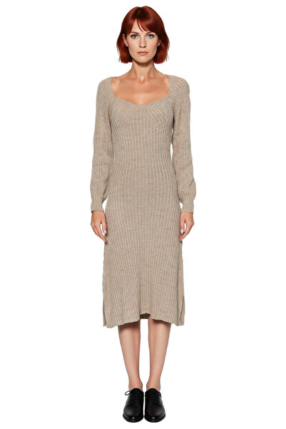 PayBuy Kadın Midi Kalp Yaka Uzun Kollu Fitilli Triko Elbise A line Kalıbı İle Şık Kış Kombinlerinin