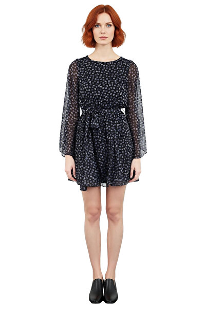 PayBuy Kadın Çok Renkli Patchwork Baskılı Bisiklet Yaka Mini Elbise Skater Kalıp Şifon Dokuma Kumaş