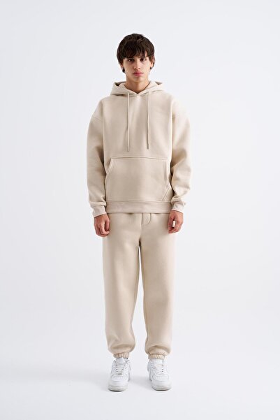 Machinist Erkek Basic Kapüşonlu Oversize Açık Bej Sweatshirt