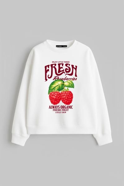 Sokak Butik Fresh Raspberry με τύπωμα Γυναικείο λευκό φούτερ χωρίς κουκούλα χ...