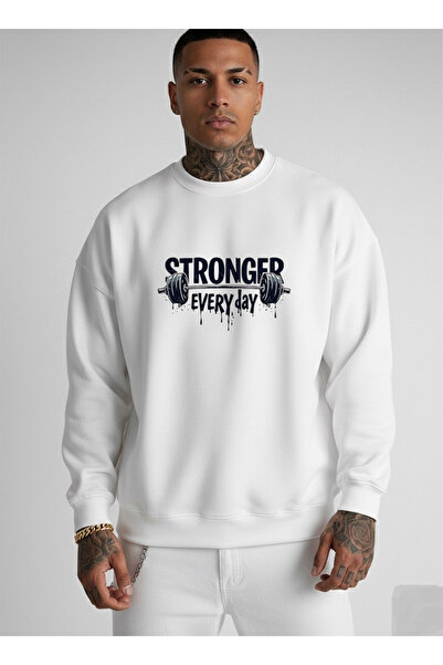 LORVEX قصة فضفاضة سويت شيرت أبيض برقبة دائرية للرجال STRONGER مطبوع