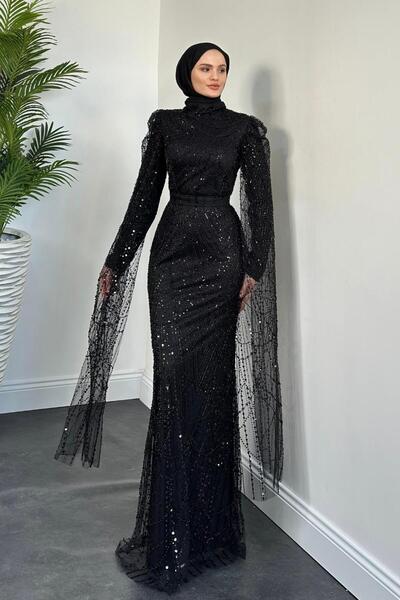 MERVEN AKYÜZ Eloria Pelerinli Boncuk İşlemeli Abiye Siyah