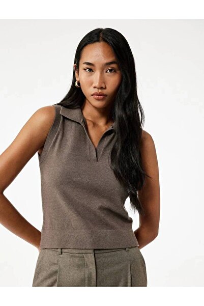 Koton Kolsuz Polo Yaka Triko Vizon Kadın Süveter 6Wak20024Ht