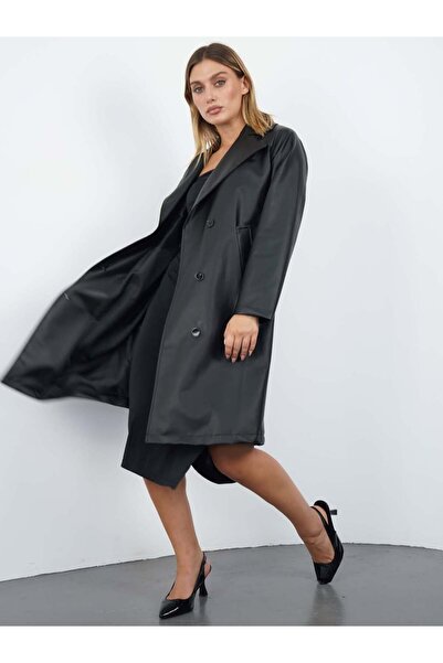 ModaLavida Düğmeli Kuşaklı Astarlı Midi Boy Deri Trençkot