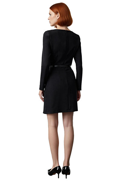 PayBuy Women's A-Line Boat Neck Long Sleeve Belt Detail Woven Mini Dress Spring Autumn Office Chic