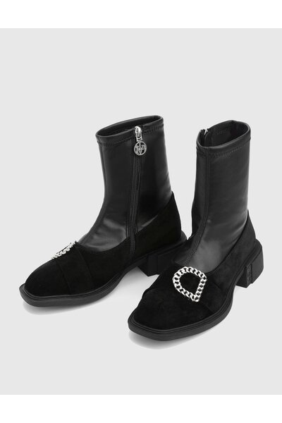 İLVİ Druid Genuine Suede Leather Strech Black Women's Boots