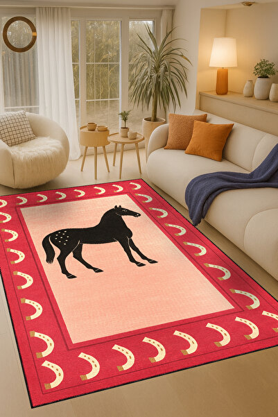 Rugs Modern Halı MOSSO At Temalı Desen Dokuma Taban Vintage Dekoratif Halı mo...