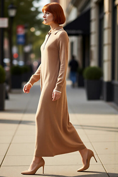 PayBuy فستان نسائي طويل من التريكو بياقة بولو وأكمام منخفضة التفاصيل حواف أسط...