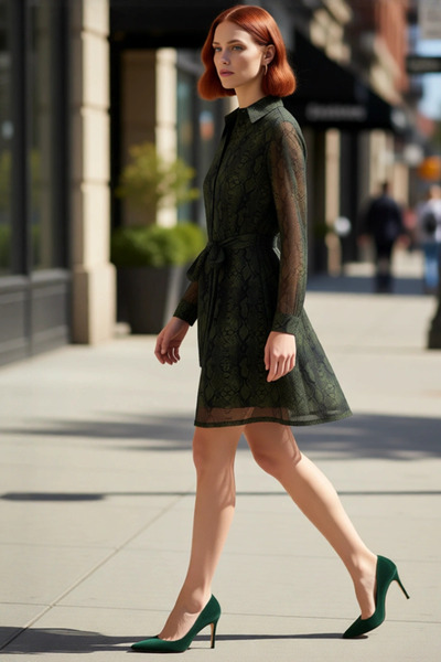 PayBuy Kadın Skater Kalıp Çiçekli Şifon Gömlek Yaka Kuşaklı Mini Elbise İlkba...