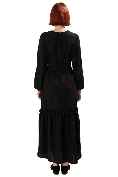 PayBuy Women's a Line Belted Crinkle Woven Maxi Dress Modern Crew Neck Long Sleeve Stylish Design