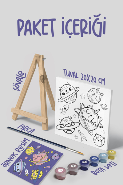 Mind & Play Galaksi Temalı Çocuk Şövale Tuval Boyama Seti | Ahşap Şövale+Tuval+6 Renk Akrilik Boya+Fırça