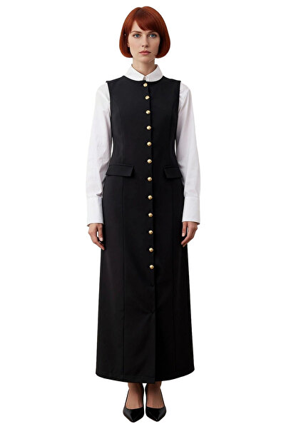 PayBuy Women's Black Gold Button Detailed Maxi Jile Dress Woven Fabric Crew Neck Sleeveless Shift Fit Casual