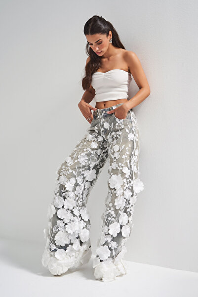 its basic Women's Denim Color White Floral Lace Tulle Detailed Palazzo Fit Special Design Denim Jean