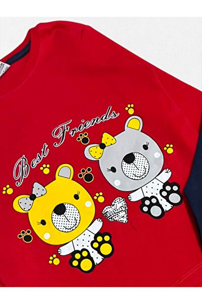 Fil Kids Kız Çocuk %100 Pamuklu Kırmızı Best Friend Ayıcık Desenli Uzun Kollu Kışlık Pijama Takımı