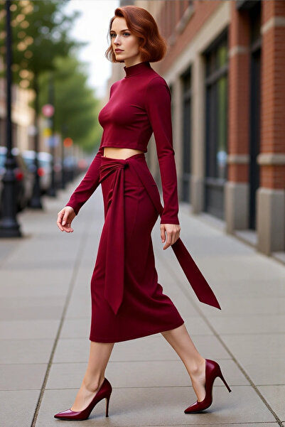 PayBuy Γυναικείο μπορντό ίσιο φόρεμα Bodycon Cut Out Midi πλεκτό ψηλός λαιμός...