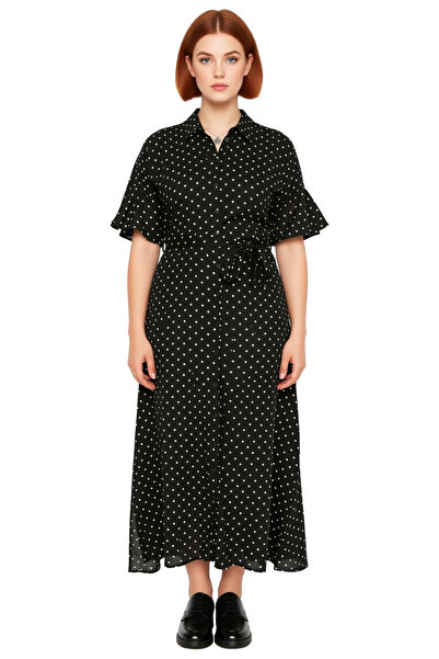 PayBuy Women's a Line Belted Maxi Length Shirt Collar Short Angel Sleeve Abstract Patterned Viscose Dress Spring Summer