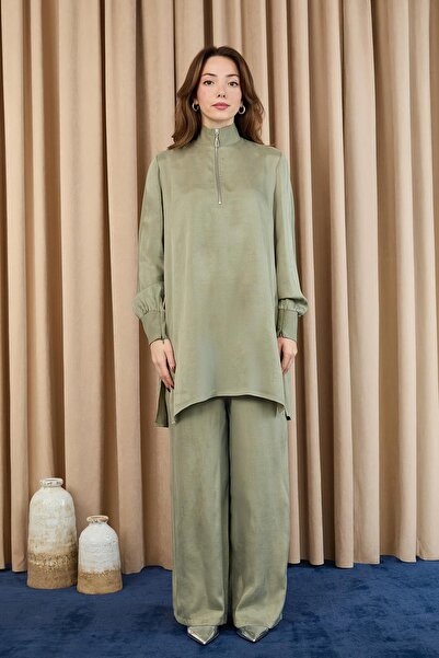 Puane Women's Zipper Detailed Suit - 14403Tkm - Khaki