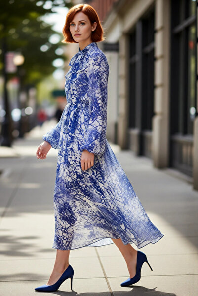 PayBuy فستان سهرة طويل للنساء من الشيفون المزخرف بالزهور الزرقاء مبطن على شكل...