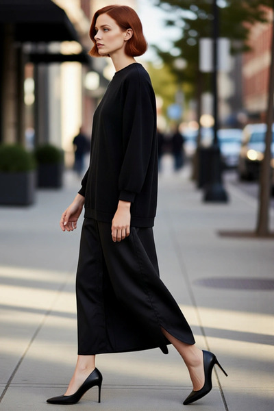 PayBuy Kadın Örme Dokuma Detaylı Maxi Boy T shirt Elbise Regular Kalıp Bisikl...