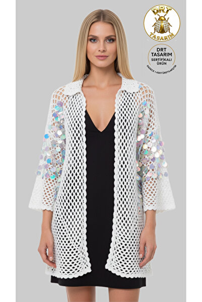 drt tasarım Sequined Floral Embellished Openwork Cardigan