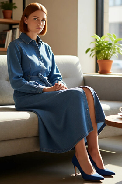 PayBuy Blue a Line Shirt Collar Belt Detail 100% Cotton Maxi Denim Dress for Women Spring Autumn