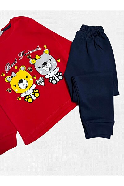 Fil Kids Kız Çocuk %100 Pamuklu Kırmızı Best Friend Ayıcık Desenli Uzun Kollu Kışlık Pijama Takımı