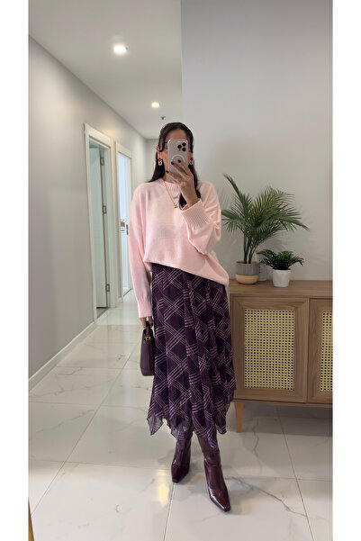 BİRCANÇİL Jana Burgundy Plaid Asymmetrical Cut Skirt