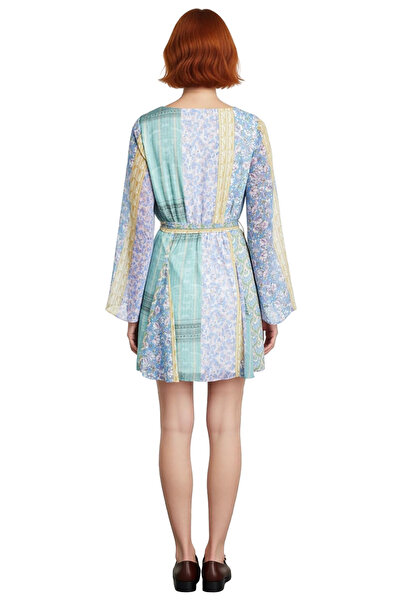 PayBuy Kadın Çok Renkli Patchwork Baskılı Bisiklet Yaka Mini Elbise Skater Kalıp Şifon Dokuma Kumaş